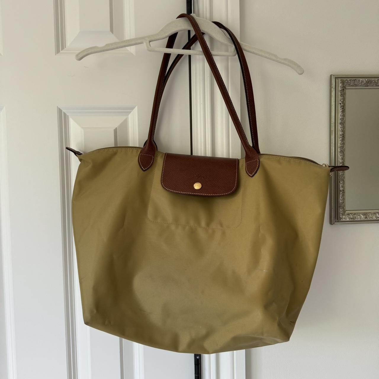 Longchamp large olive green and brown nylon tote bag. Depop