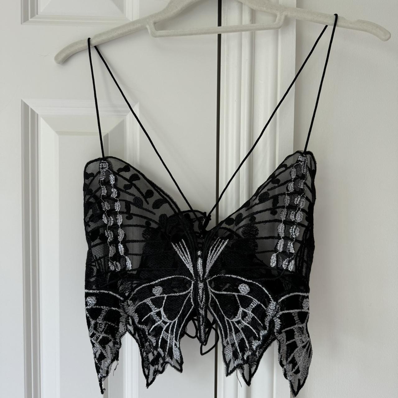 70s style black and white butterfly embroidered lace... Depop