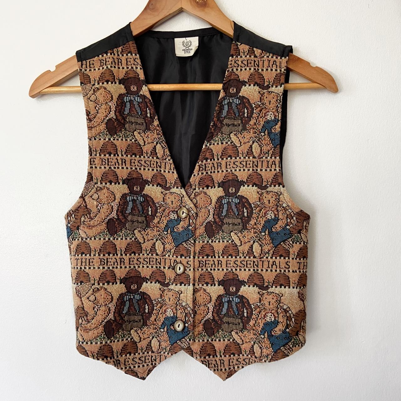 90's Vintage Teddy Bear Tapestry Vest ~ Fits Size... - Depop