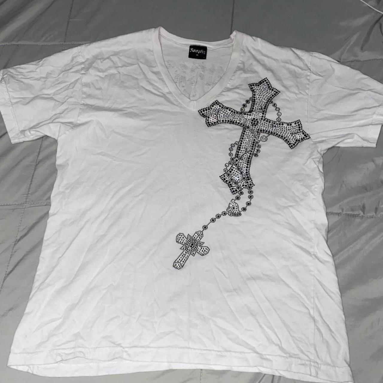 cross white tee shirt with design on the front and... - Depop