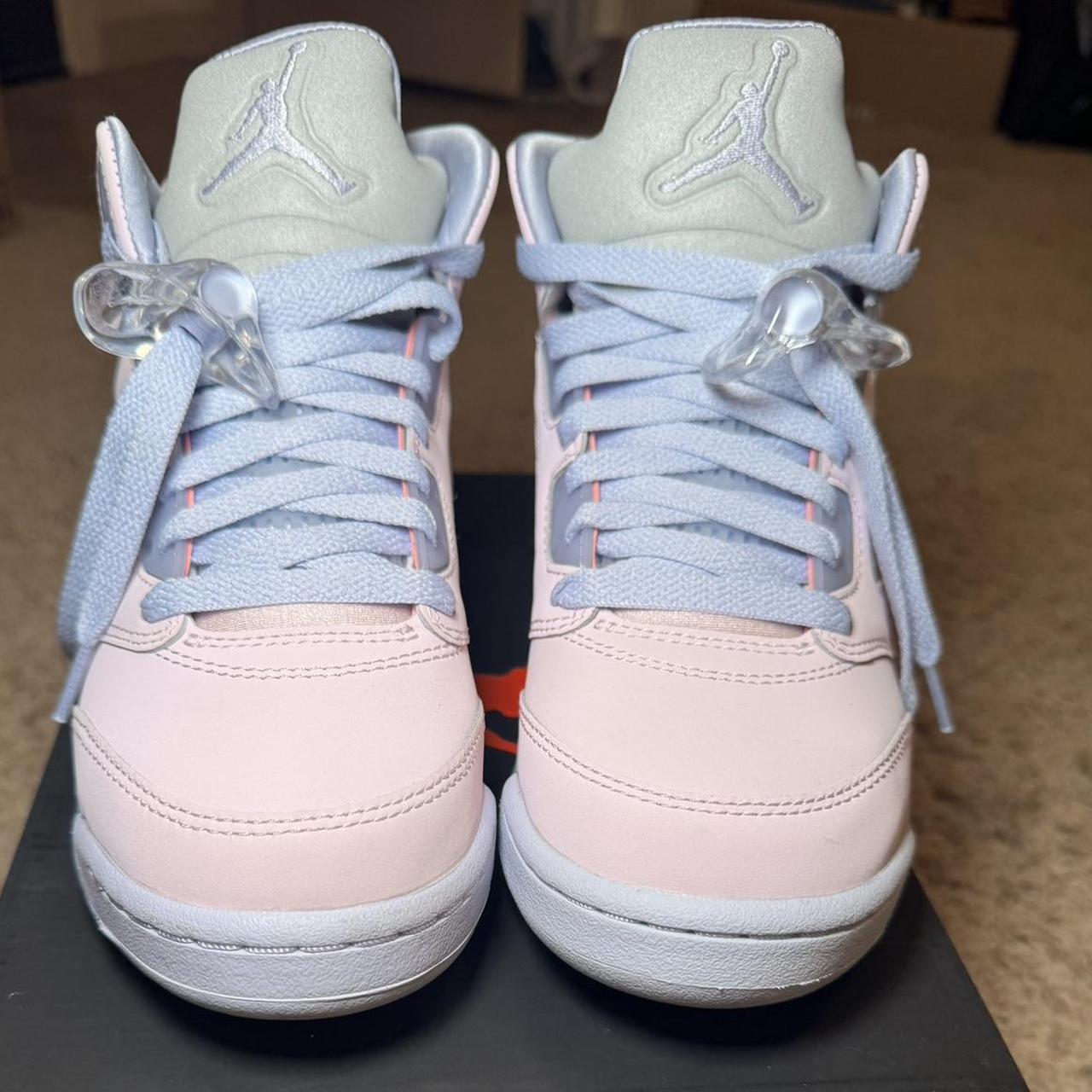 pink and blue air jordan 5’s size 7W or 5.5GS... - Depop