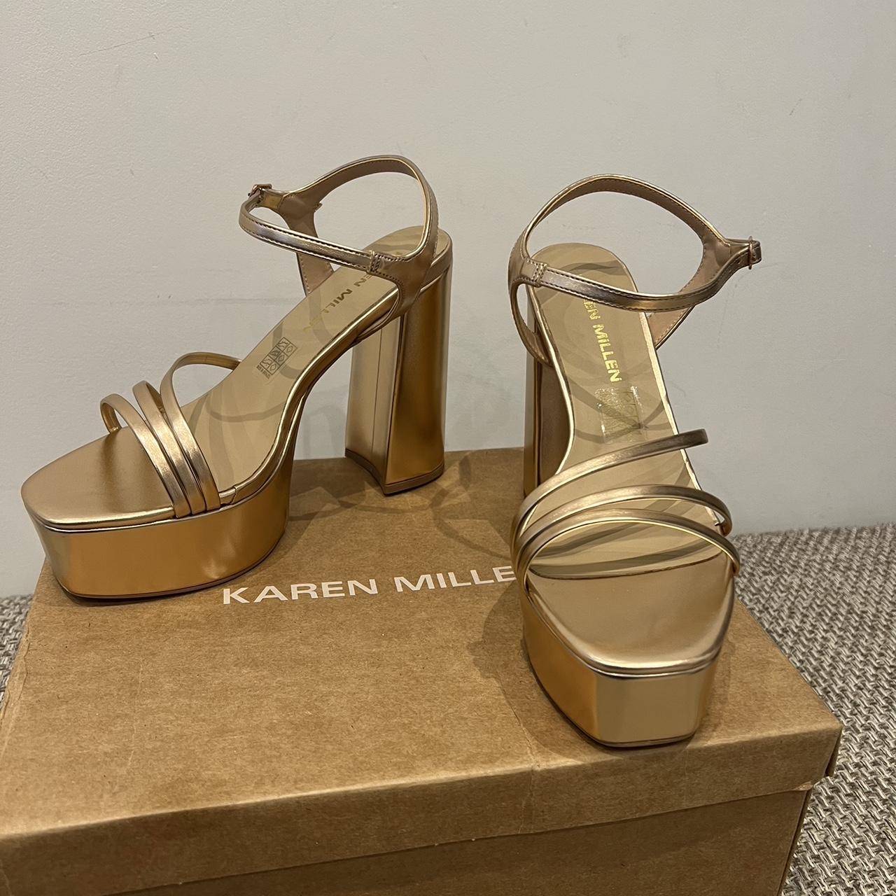 Karen Millen Women's Gold Sandals Depop