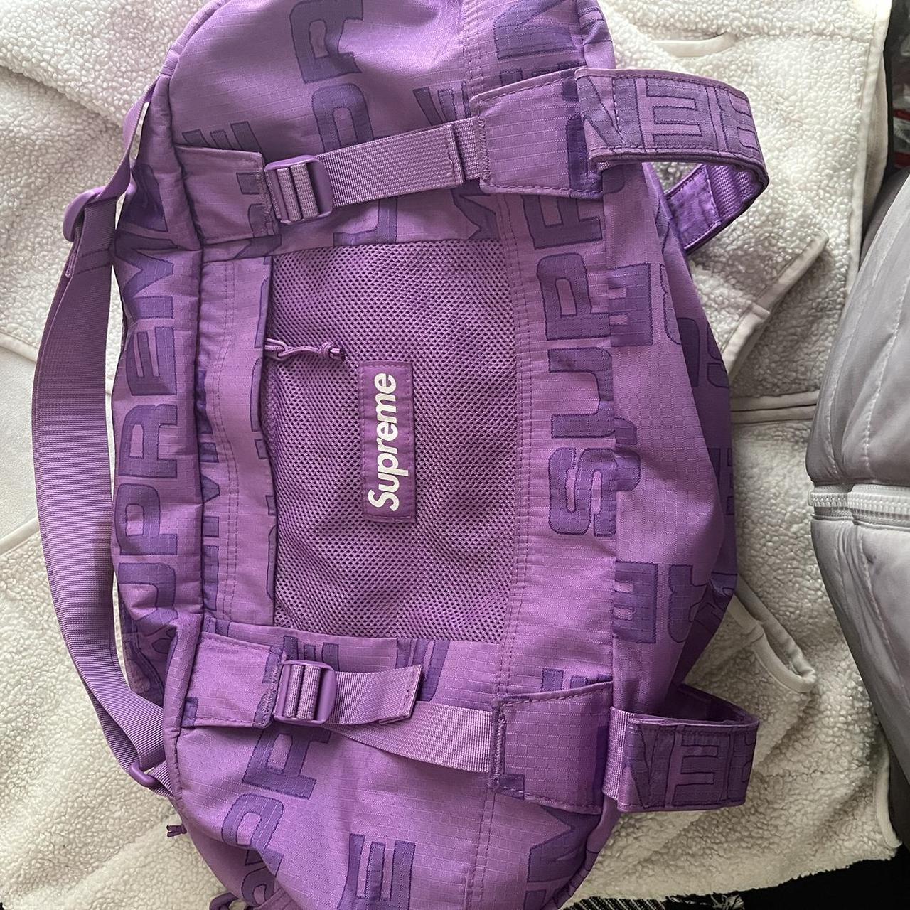 Supreme purple hot sale duffle bag