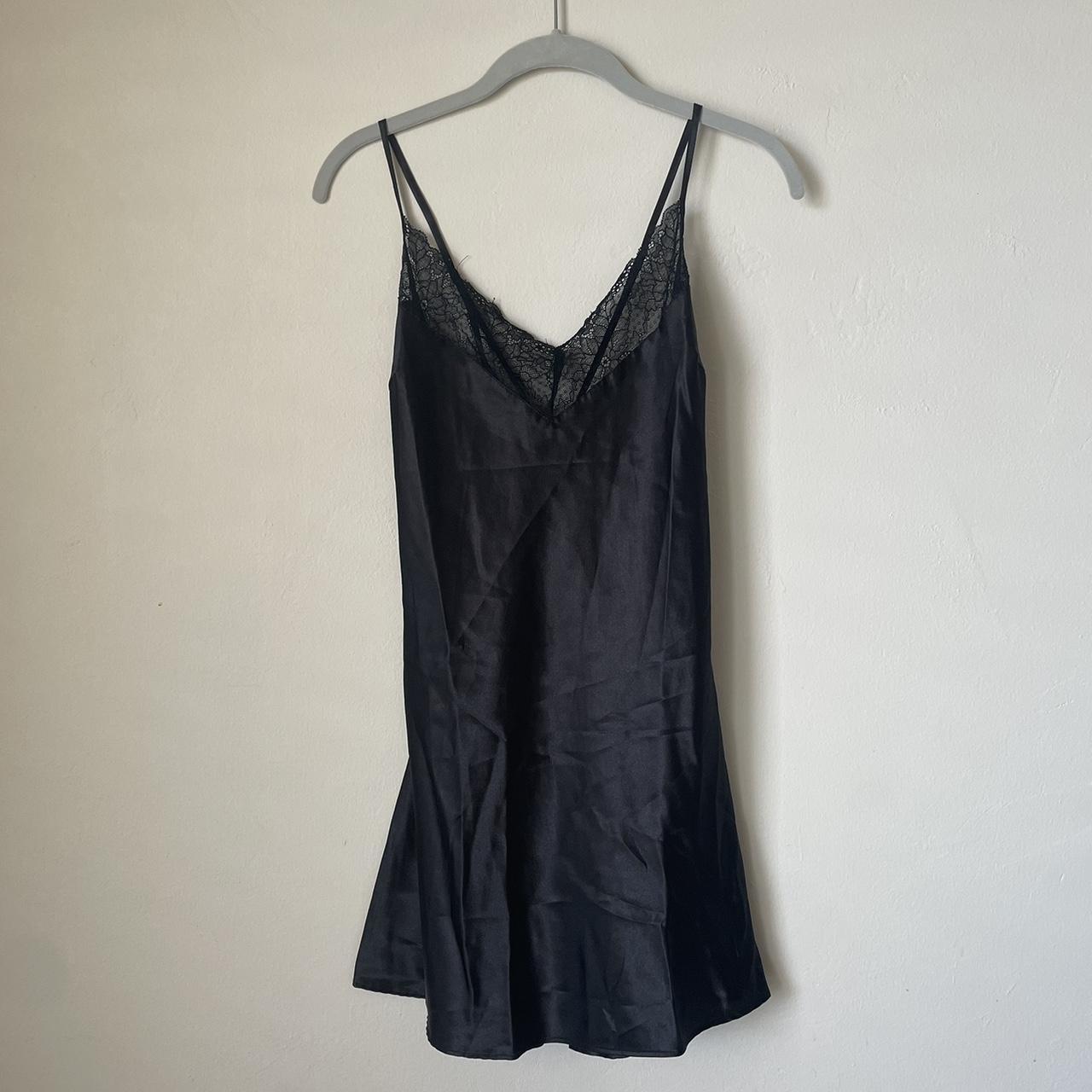 Black Silk Slip Dress -Adjustable straps -Lace neck - Depop