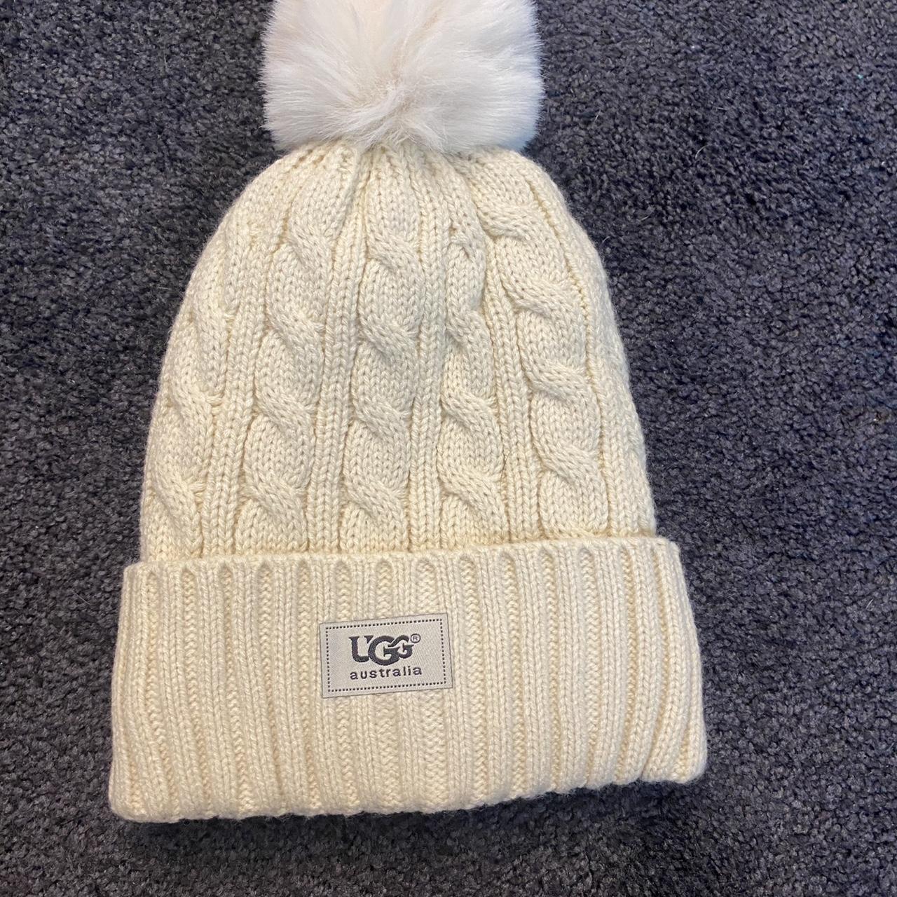 Ugg Cable Knit Beanie with Faux Fur Pom white Depop