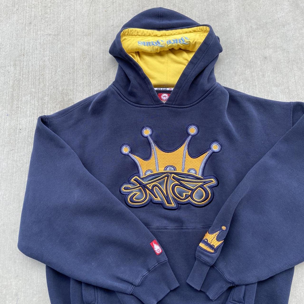 JNCO Men's Navy and Yellow Hoodie | Depop