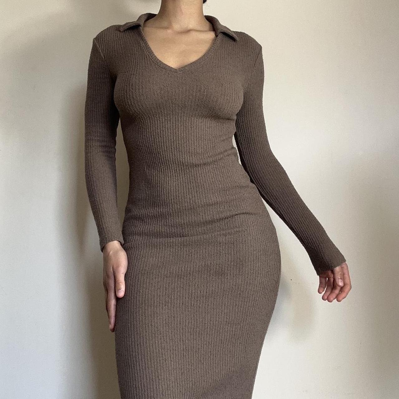 Brown Ribbed Knit Midi Dress Worn Once So In Perfect... - Depop