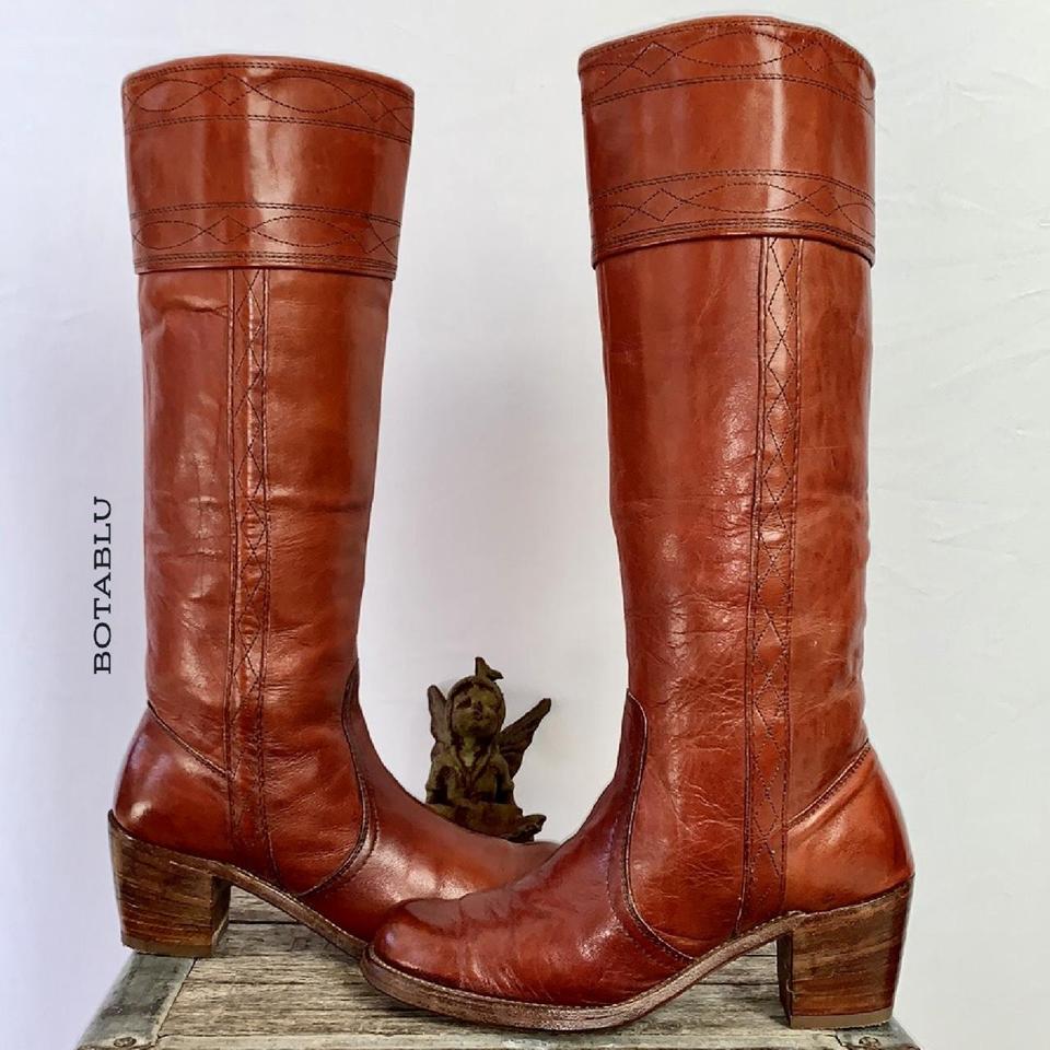 Frye Boots Vintage Cognac Reddish Brown Leather Tall... - Depop