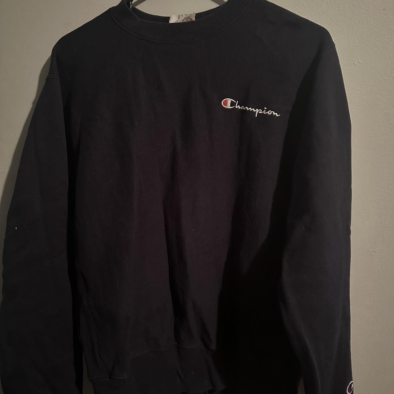 Navy blue champion crew neck Has stain on sleeve,... - Depop