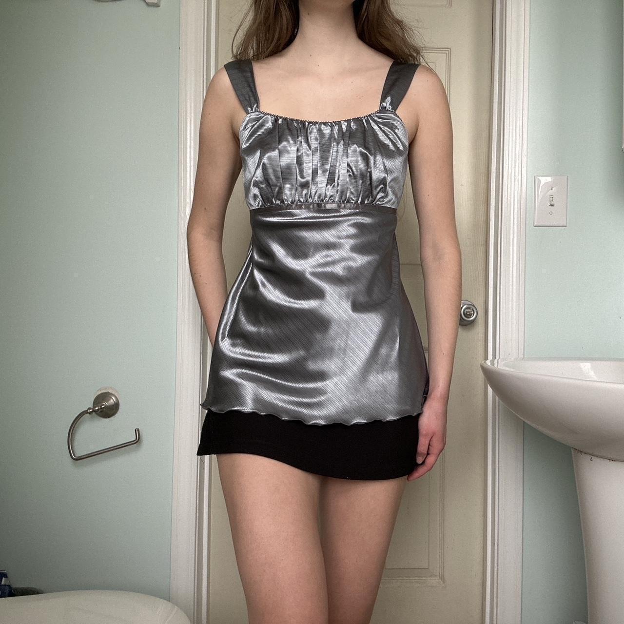 Y2K Metallic Grey Babydoll Cami Top FREE Shipping;... - Depop