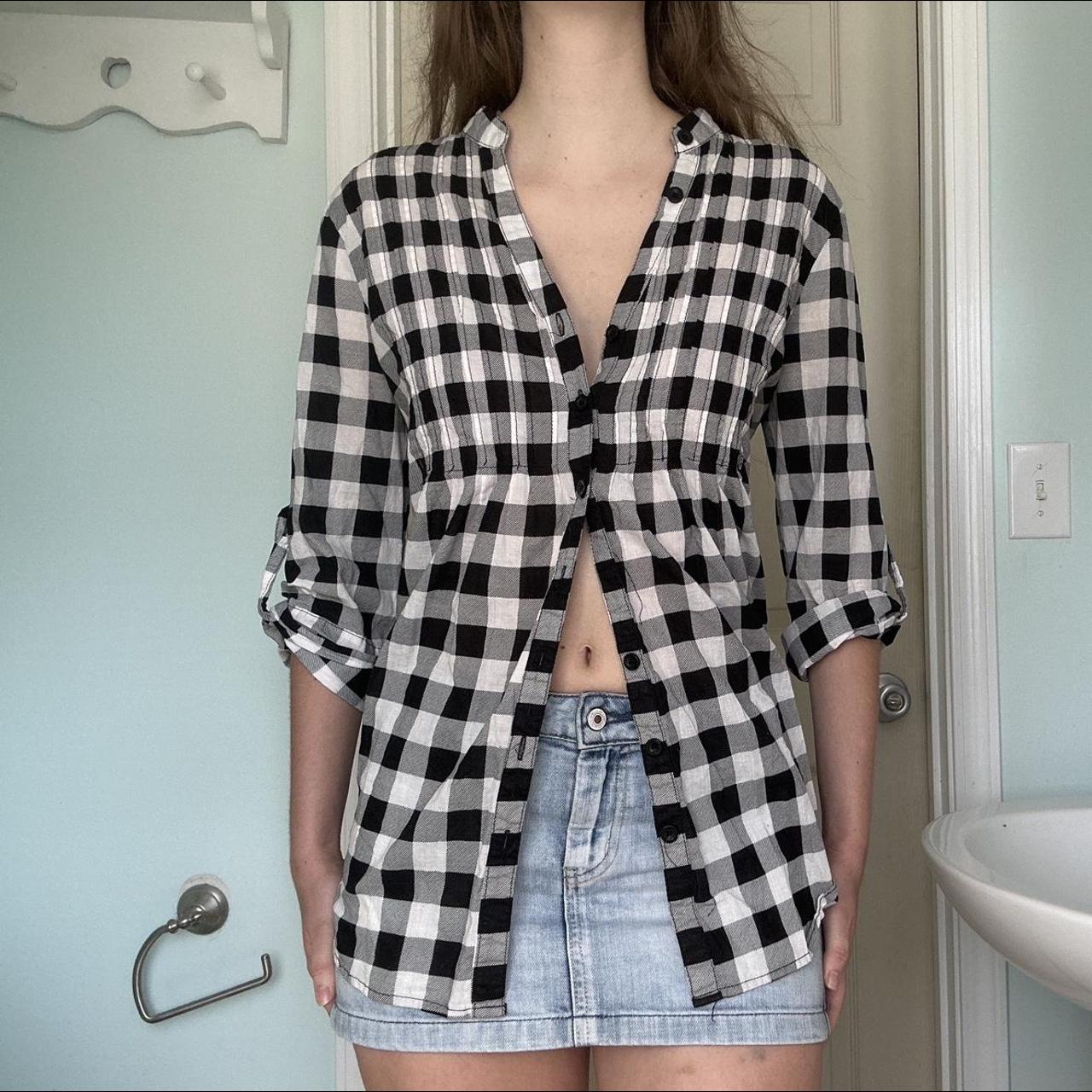 Black White Y2K Grungy Plaid Babydoll Button Up Depop