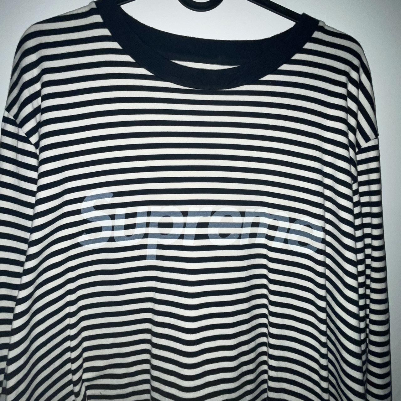 supreme long sleeve tee. black and white stripe with... - Depop