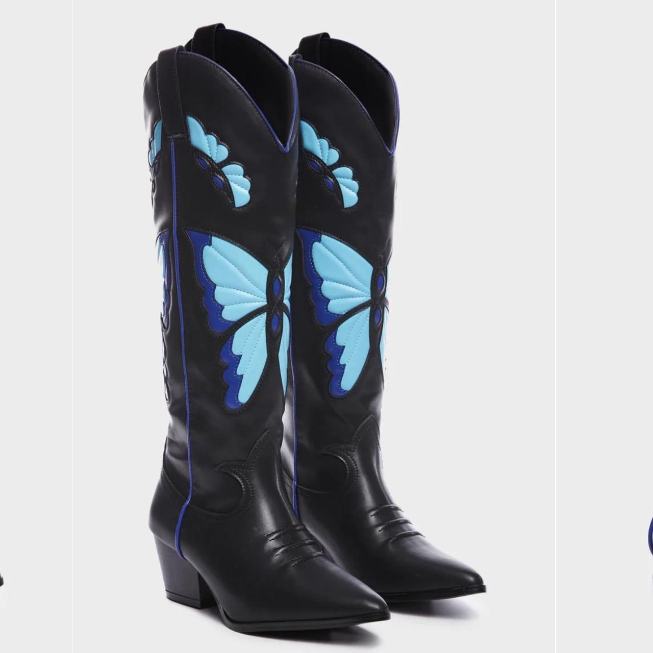 Dolls Kill Women's Black and Blue Boots Depop