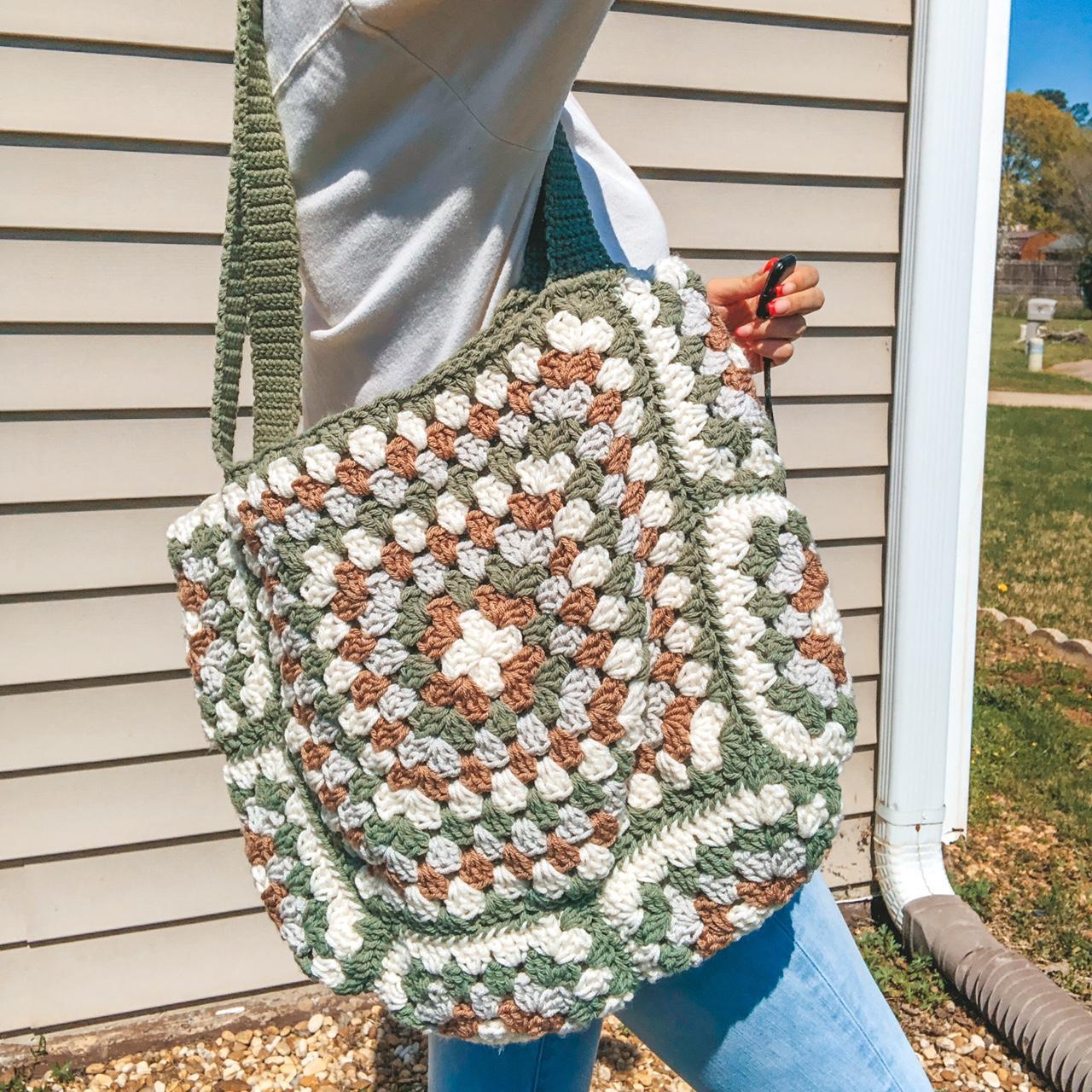 Granny Square Crochet Tote 🌿 Sage Green Off White... - Depop