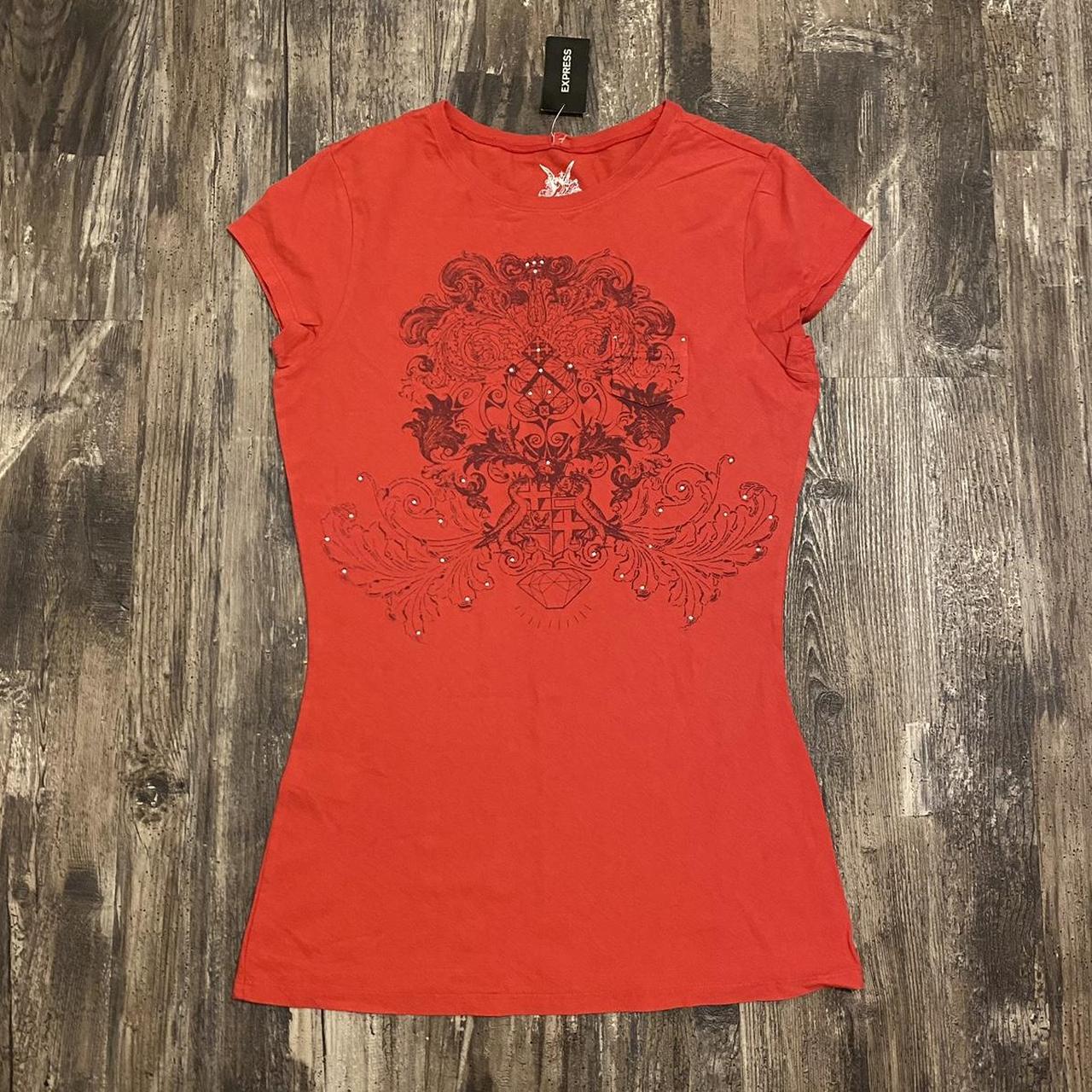 Red Rhinestone Cap Sleeve Graphic Tee by... Depop