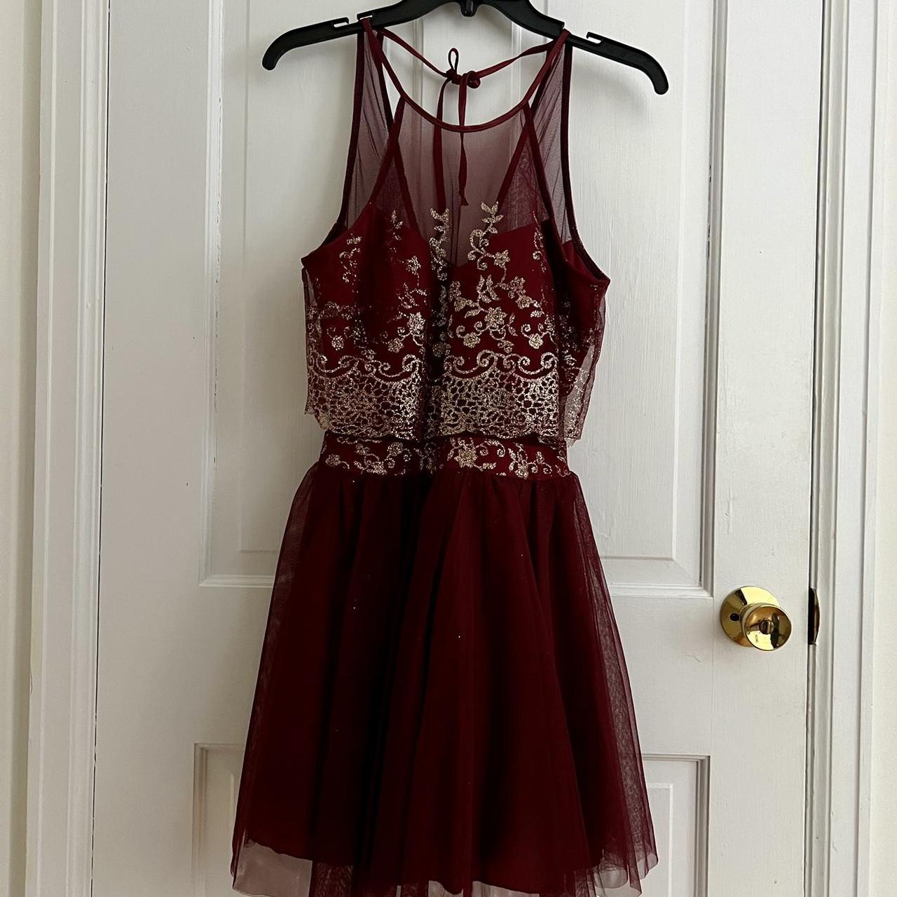 maroon and gold glitter homecoming formal dress