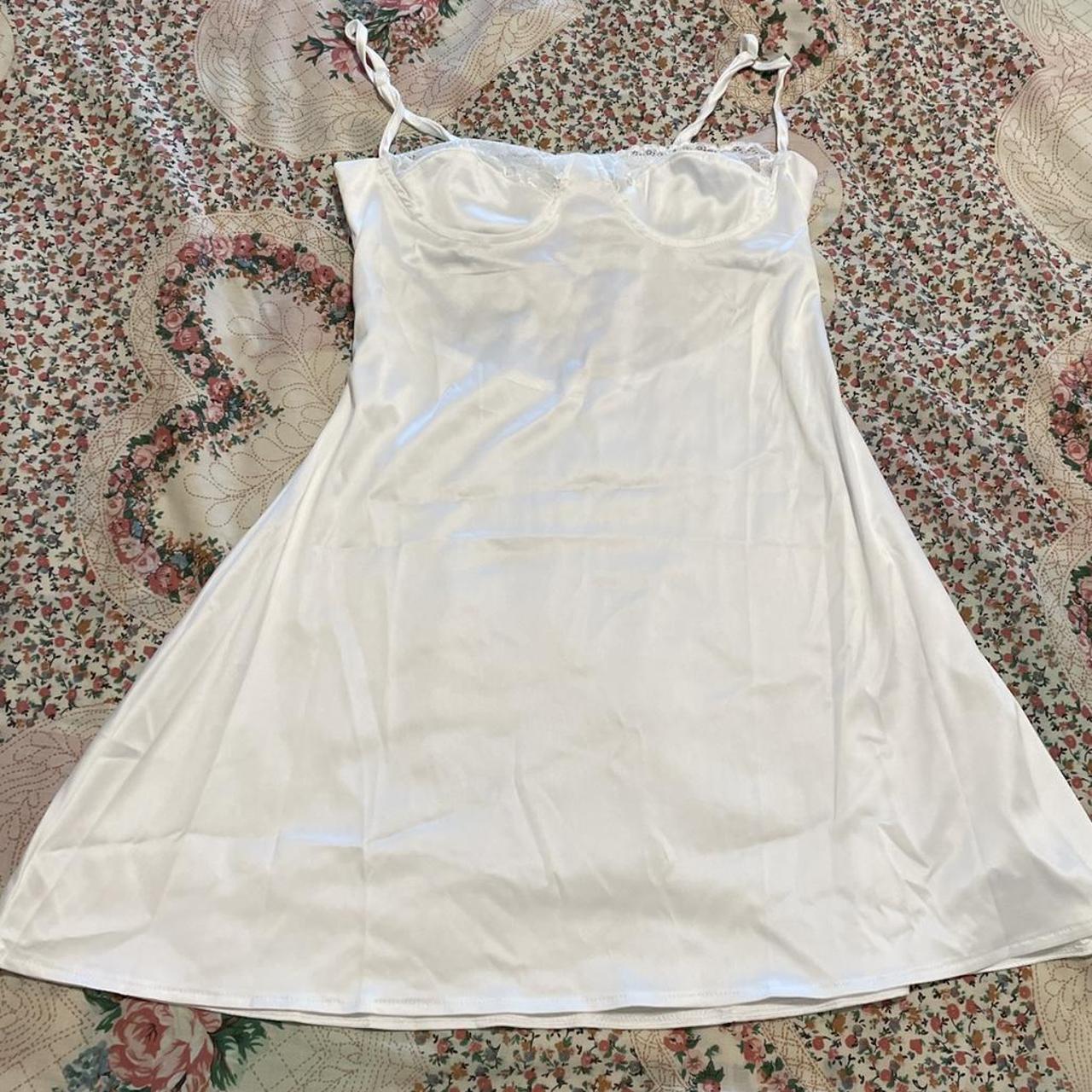 white silk mini nightie night dress with lace and... - Depop