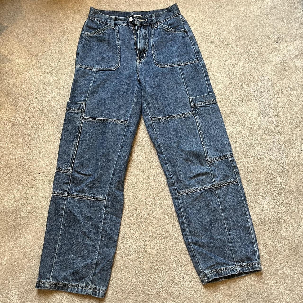 DONT BUY. Darkwash blue baggy cargo mid-rise jeans... - Depop