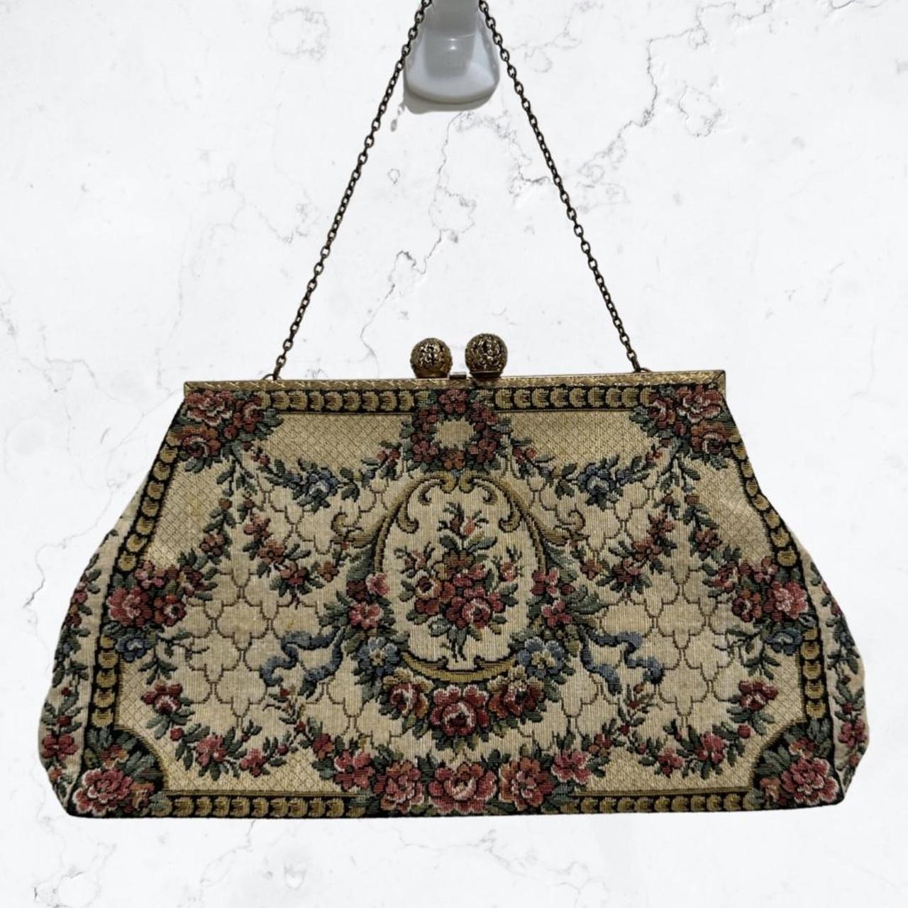 French Vintage Tapestry Floral Purse with Filigree... - Depop