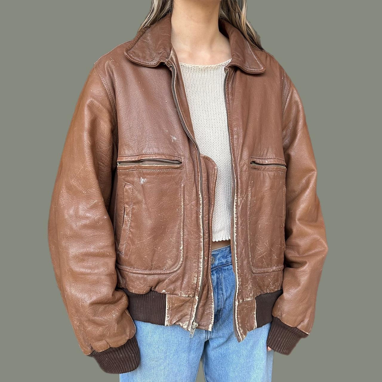 Vintage 80s worn in brown leather bomber style... - Depop
