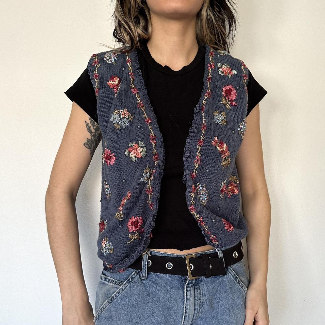 Cute Vintage Y2k Knit Floral Button Down Embroidered Depop