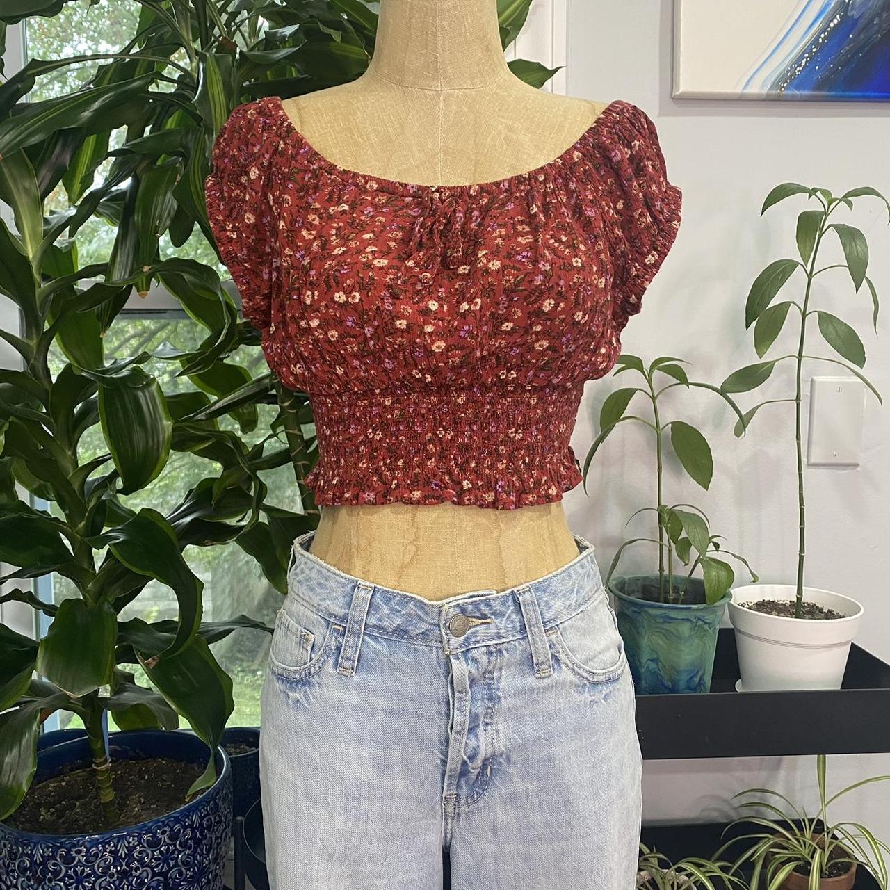 red floral crop top from American eagle smocked... Depop
