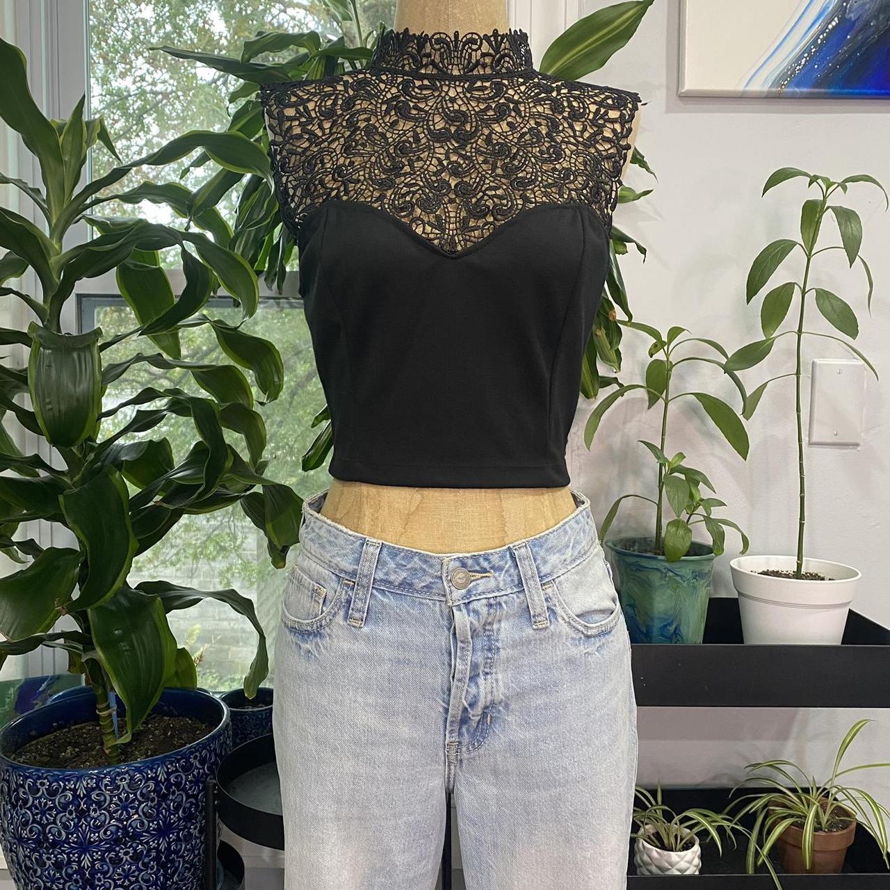 Black lace mock neck sleeveless crop tank top | size... - Depop