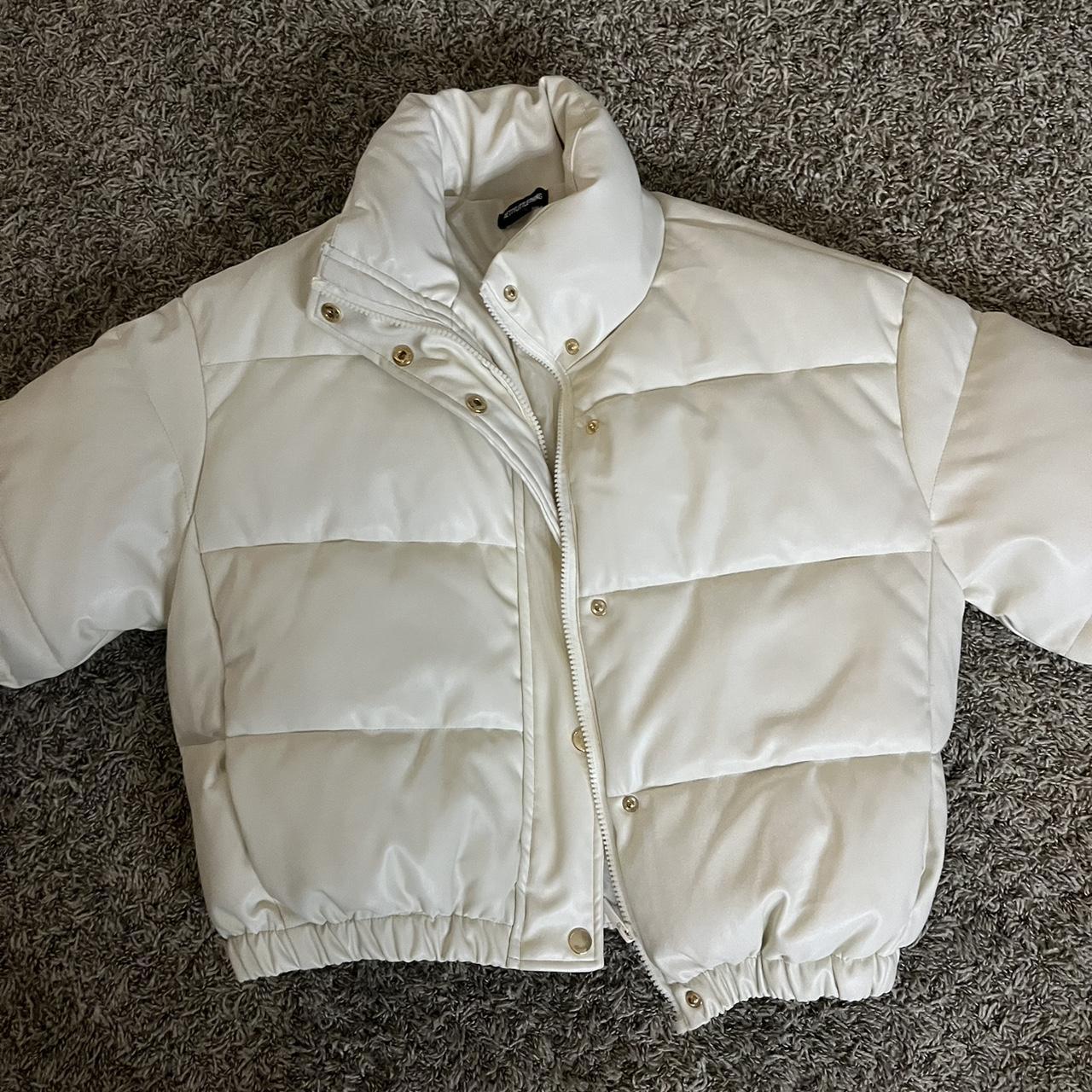 cream leather puffer jacket size small - Depop