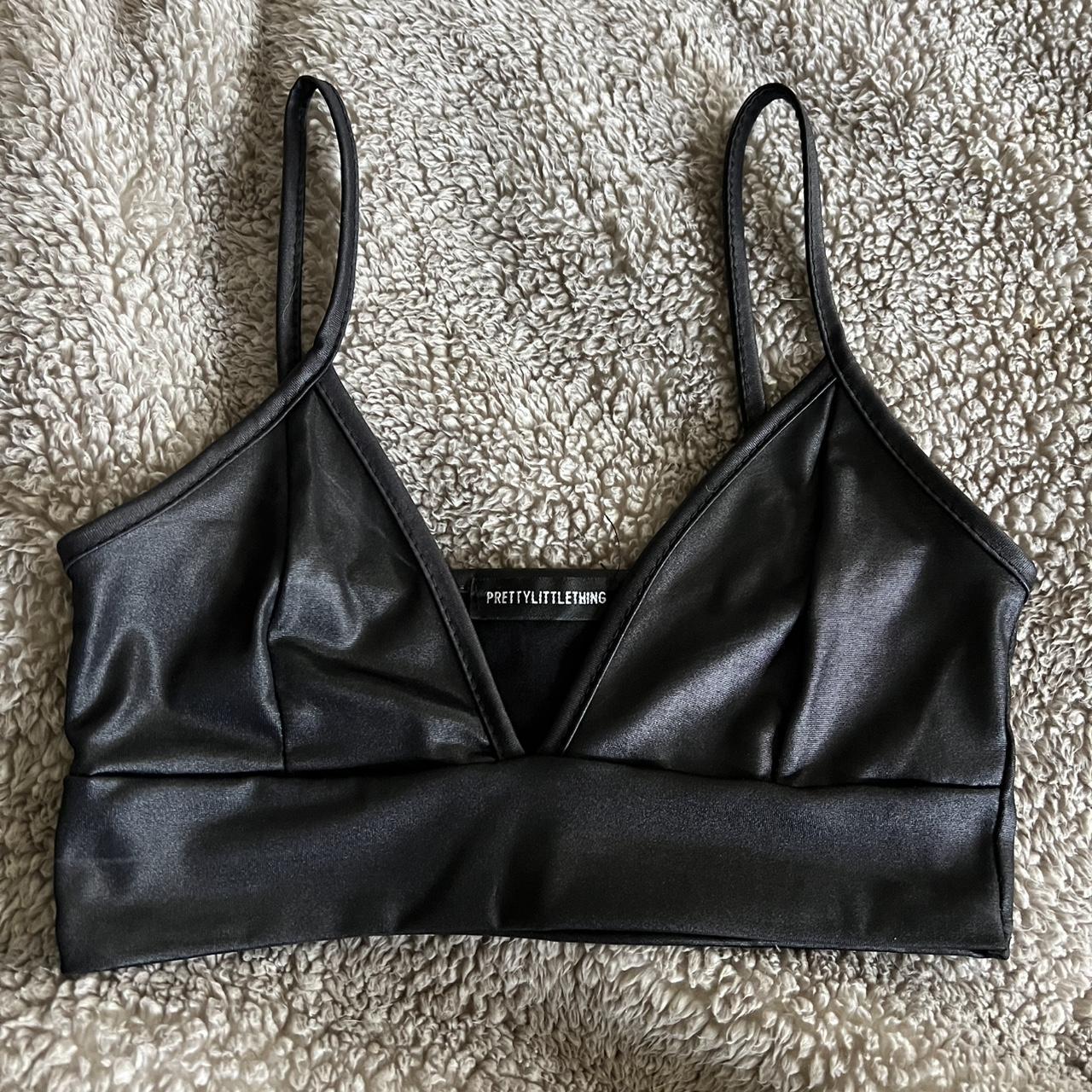 PrettyLittleThing Black Wet Look Bralette - Size 2 | Depop