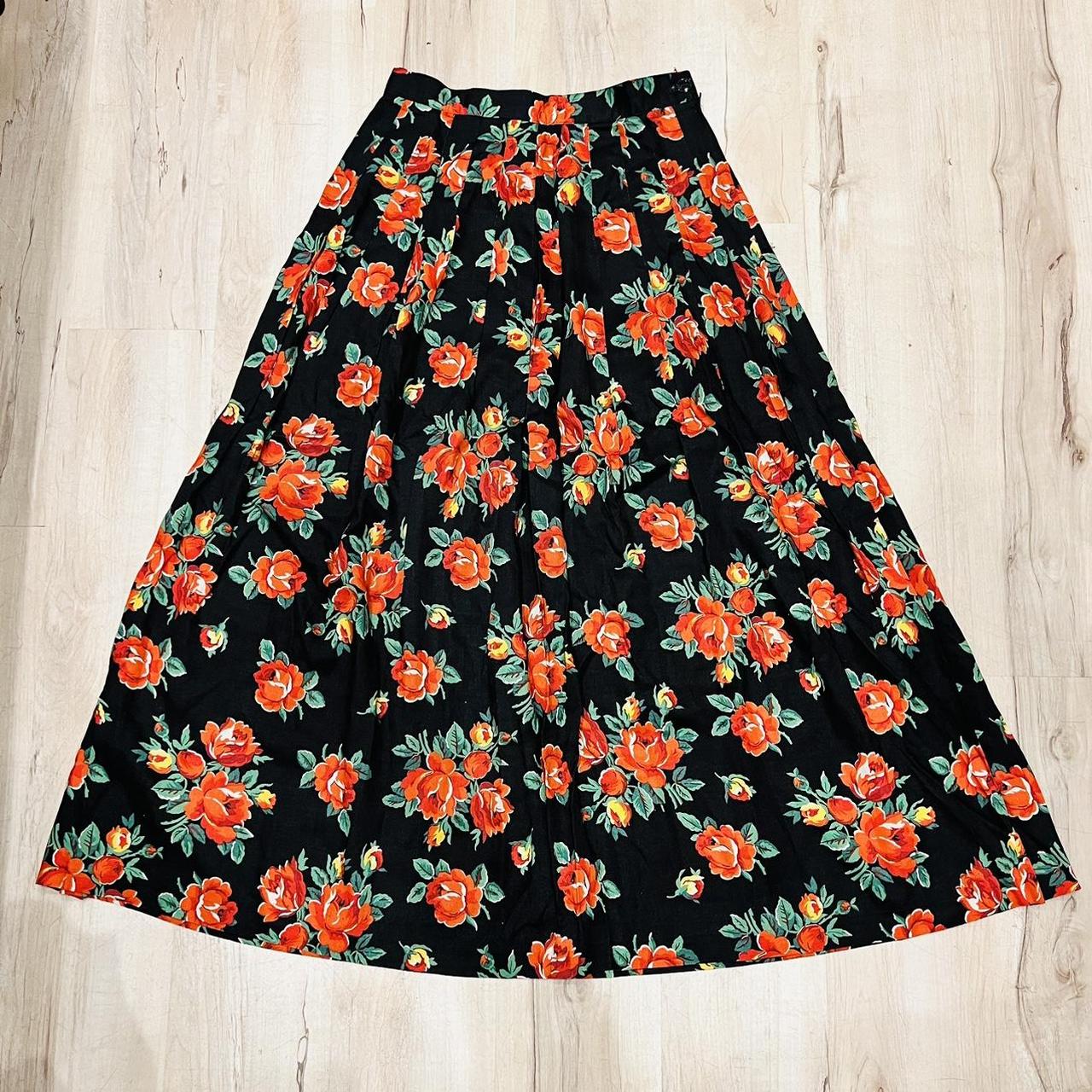 Vintage black floral skirt pleated floral skirt... - Depop