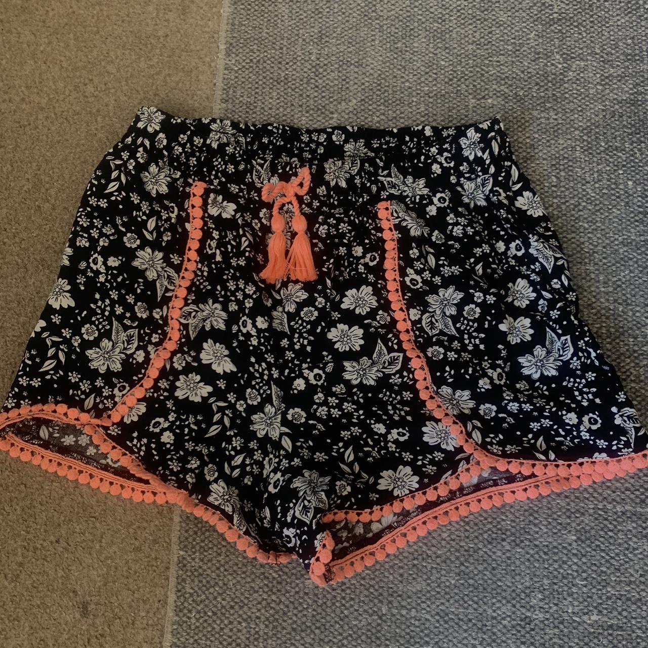 Black and white floral summer shorts with coral... Depop