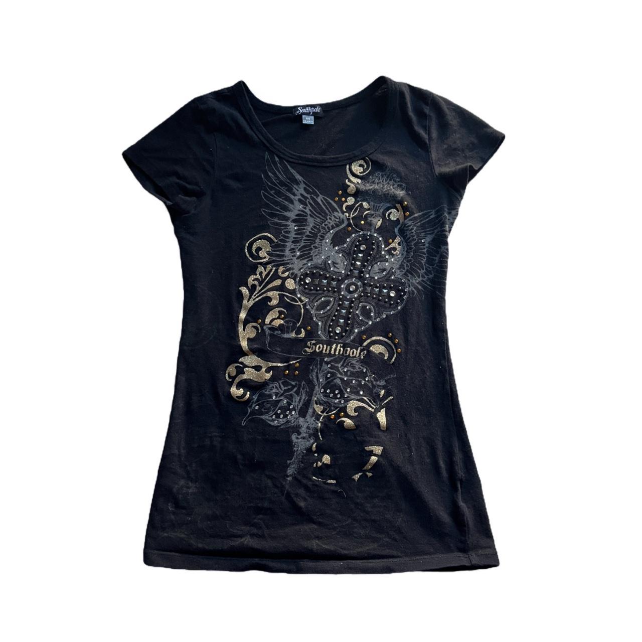 Ed Hardy Women's Black and Gold T-shirt | Depop