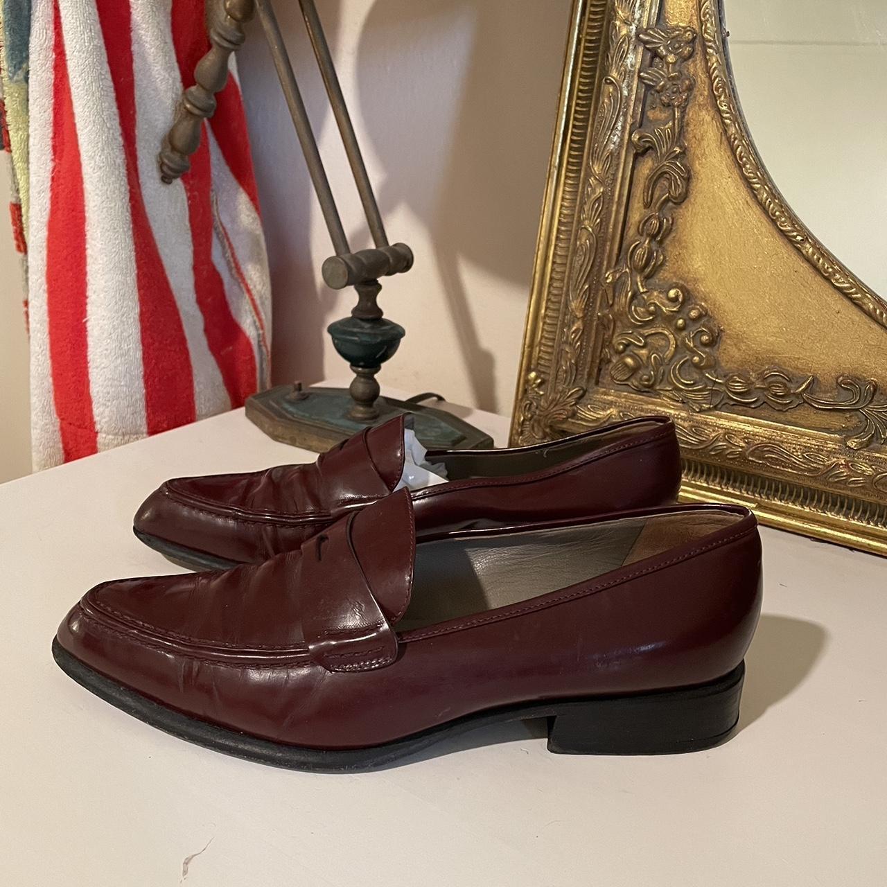 Prada burgundy loafer flats. Block heel, Pointed... - Depop