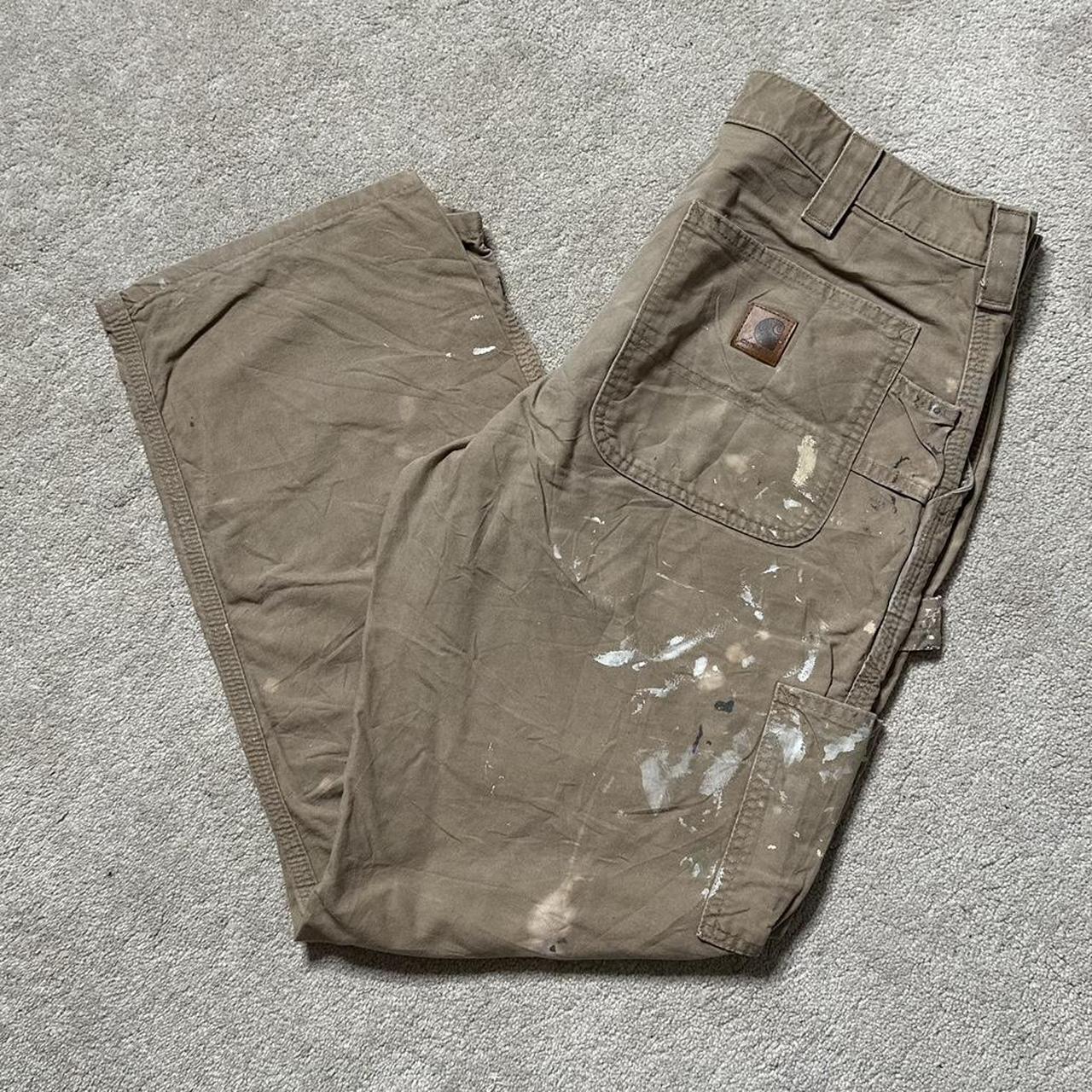 Brown Paint Splattered Carhartt Carpenter Trousers... - Depop