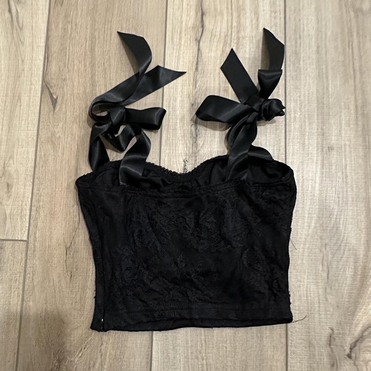 black lace top with silver cross & bow straps... - Depop