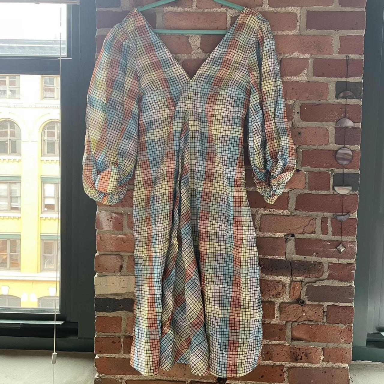 GANNI Seersucker Check Midi Dress Multicolor Depop