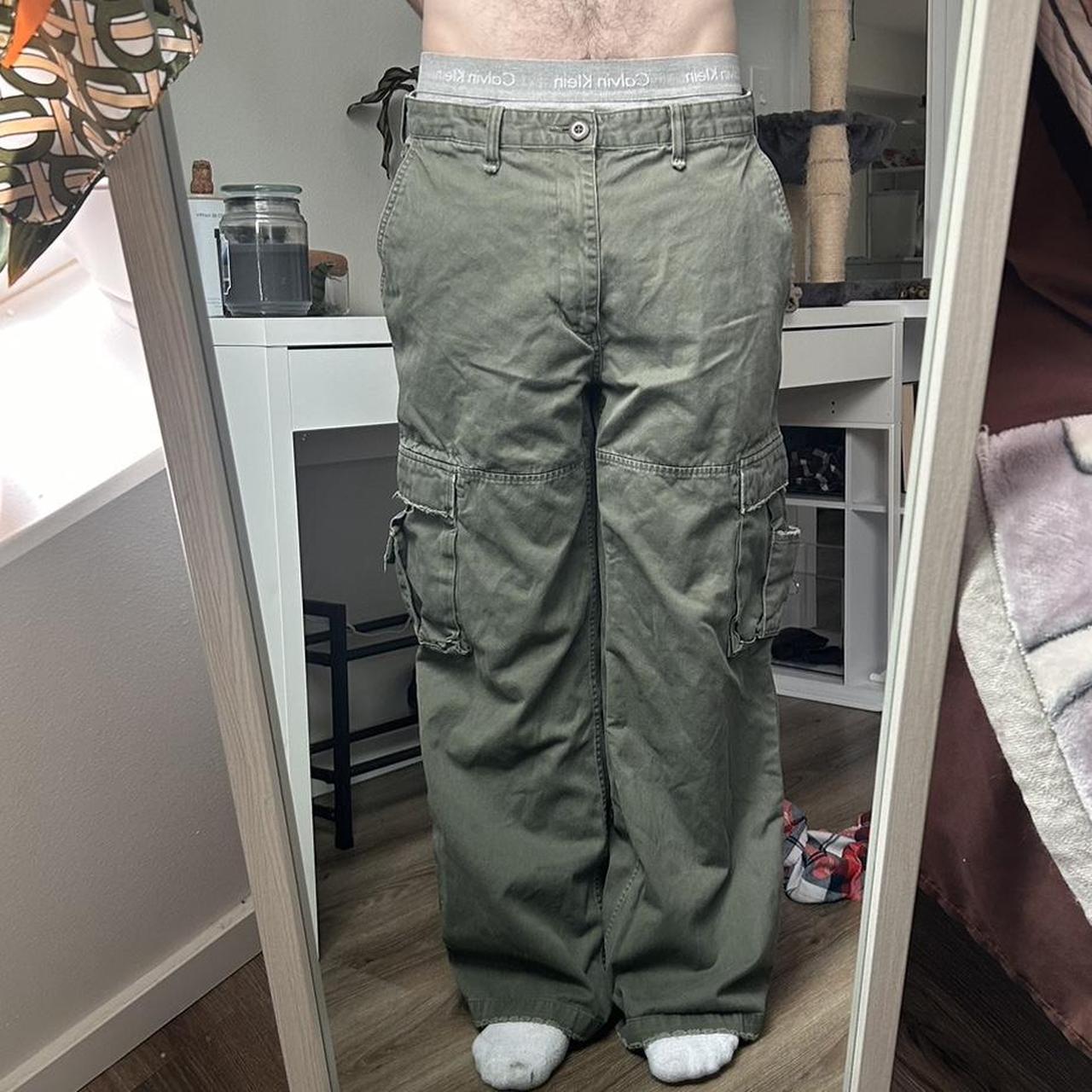 Heavy baggy green cargo pants w/frayed edges skater... Depop