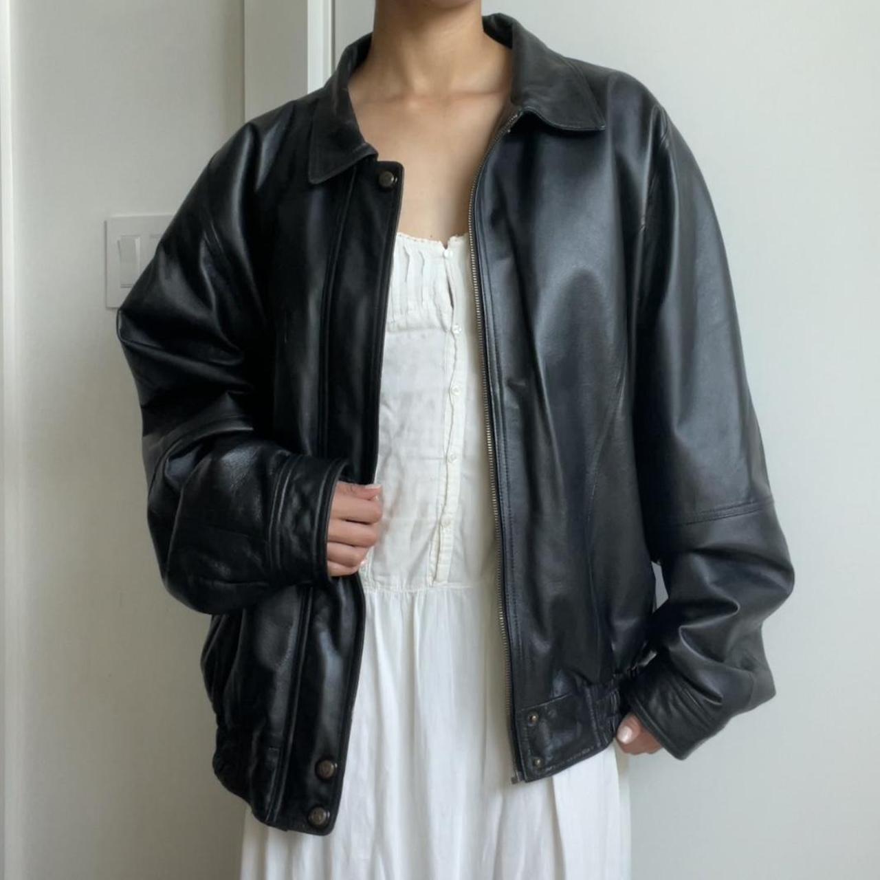 Vintage Oversized Leather Bomber Jacket Black... - Depop