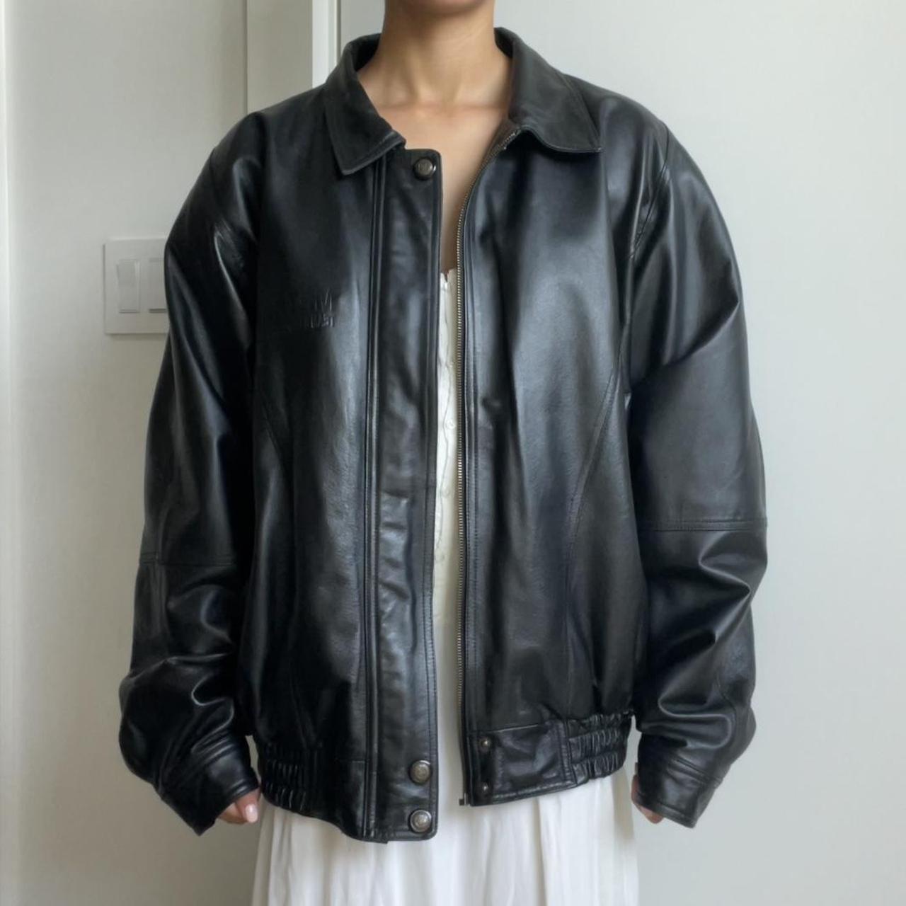 Vintage Oversized Leather Bomber Jacket Black... - Depop