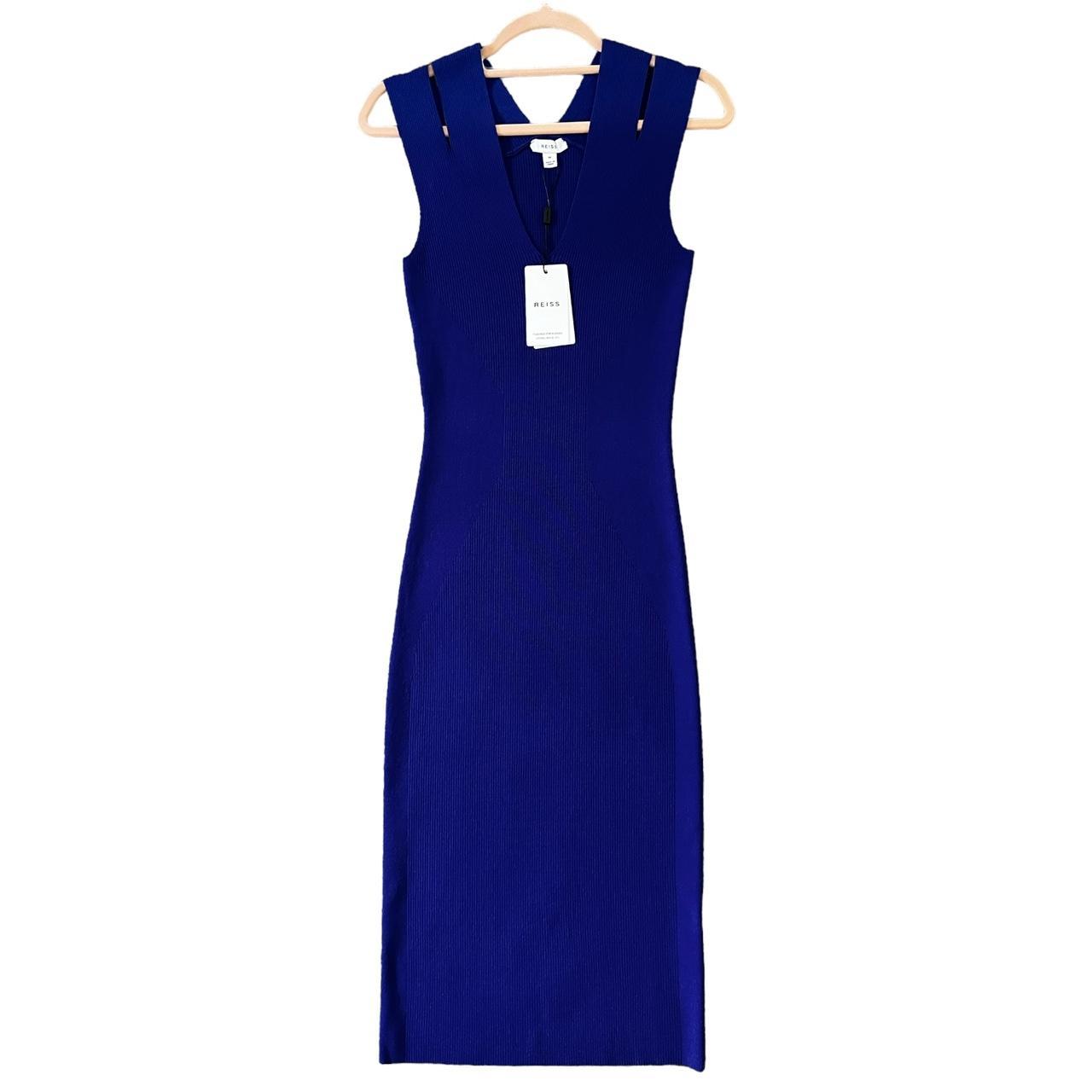 REISS ワンピース BLUE フロントツイスト MIDI Reiss Bodycon Midi Dress Knit Ribbed Double Strap | Depop
