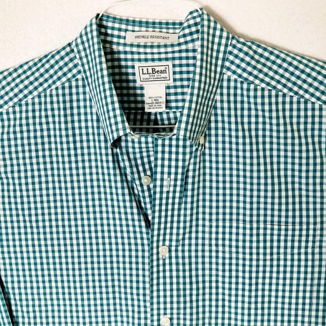 LL BEAN Teal White Gingham Check Plaid L/S BTN SHIRT... - Depop