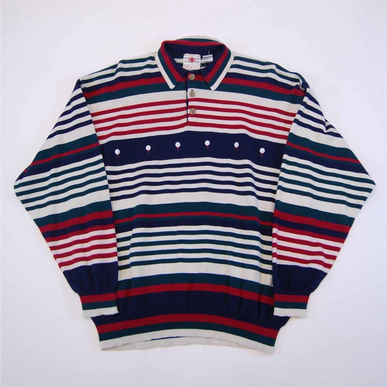 Vintage 1990s Knit Striped Golf Sweater Cotton... - Depop
