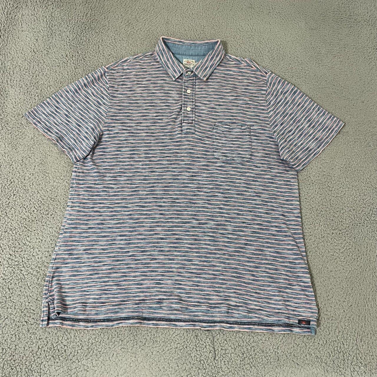 Faherty Polo Shirt Mens XL Blue Pink Striped Short... - Depop