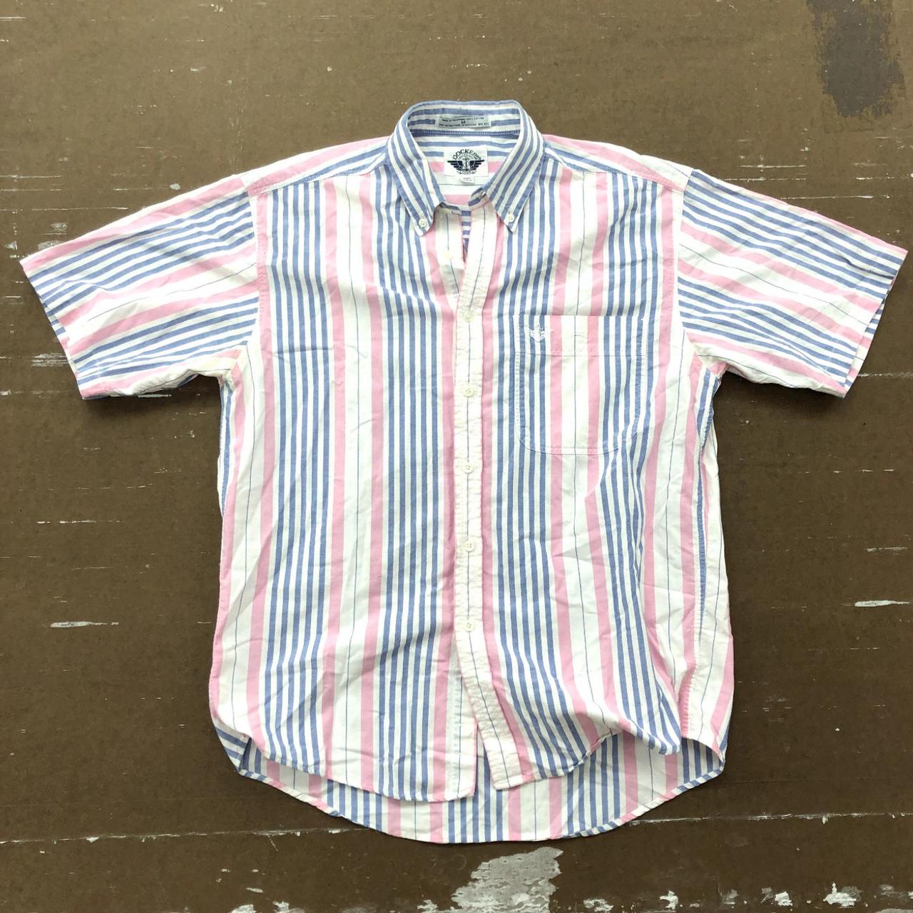 Dockers White Pink Blue Stipe Button Up Casual... - Depop
