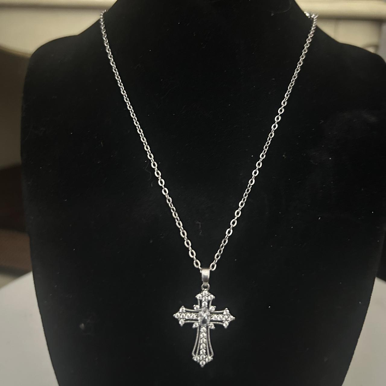 Silver cross necklace with rhinestone #jewellery - Depop