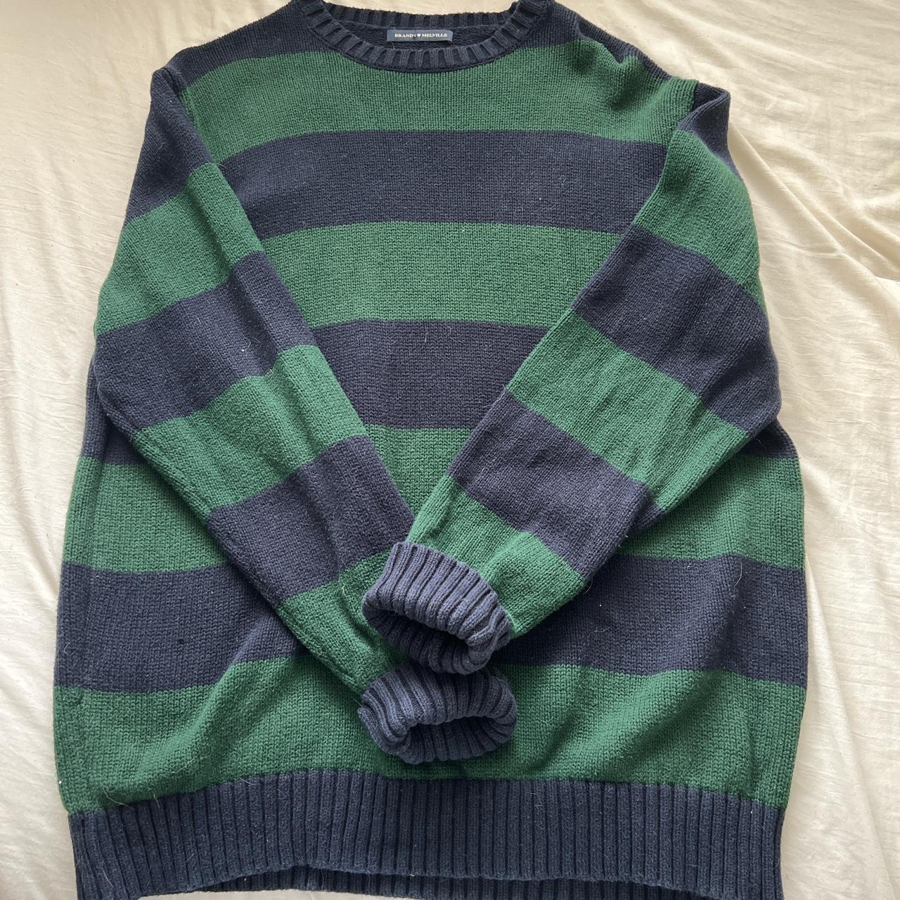 Brandy Melville Green with White Stripes on Sleeves Knit Sweater Women One  Size