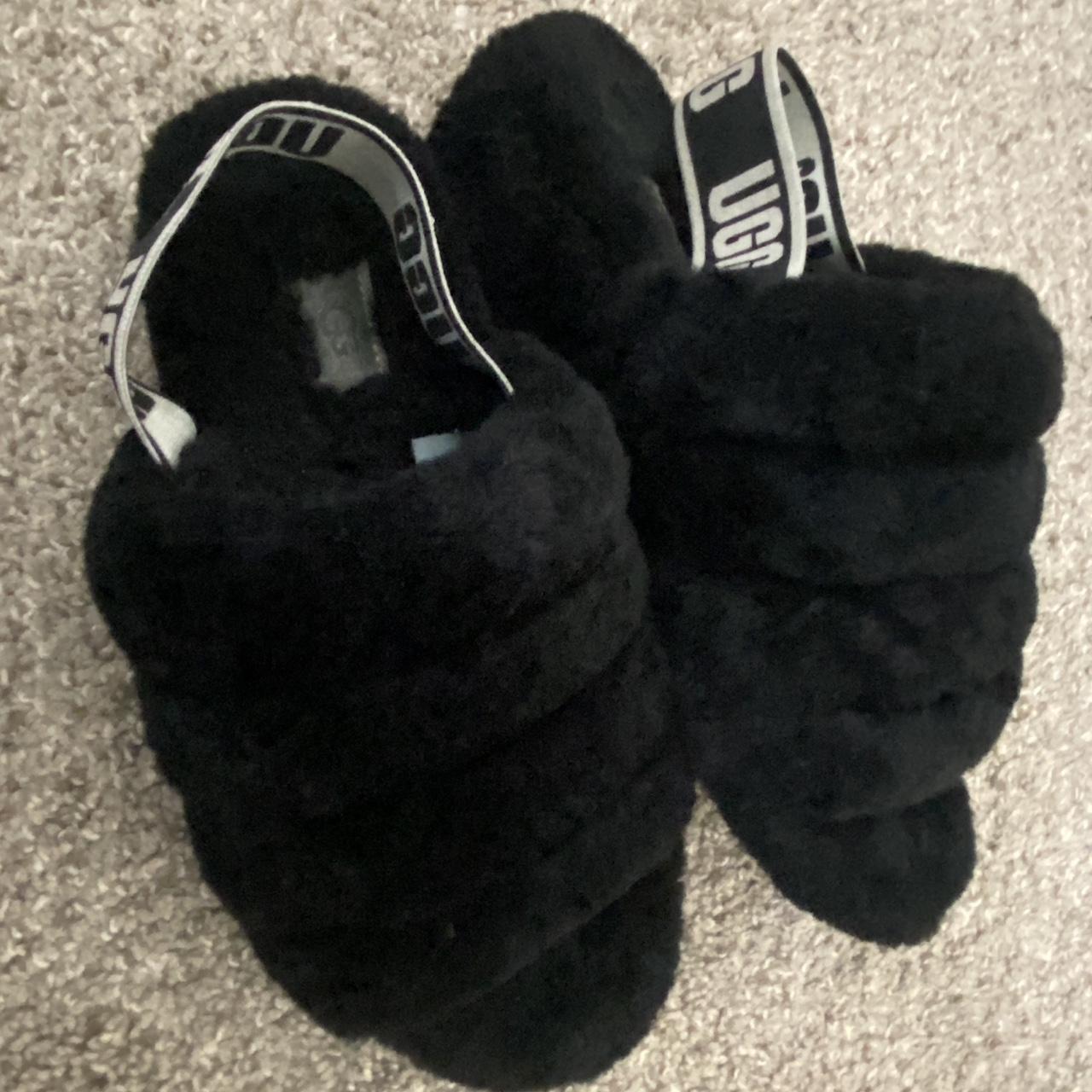Black Furry Ugg Slides UGG (6) Fluffy Black Slippers Stretch