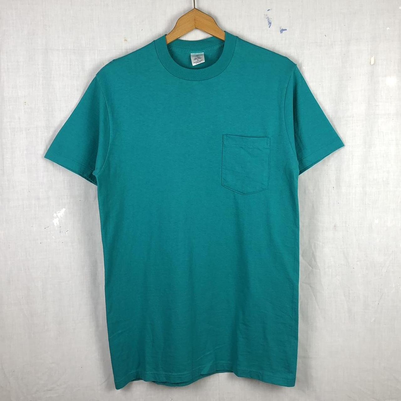 1980's JCPenney's teal blank pocket tee Single... Depop