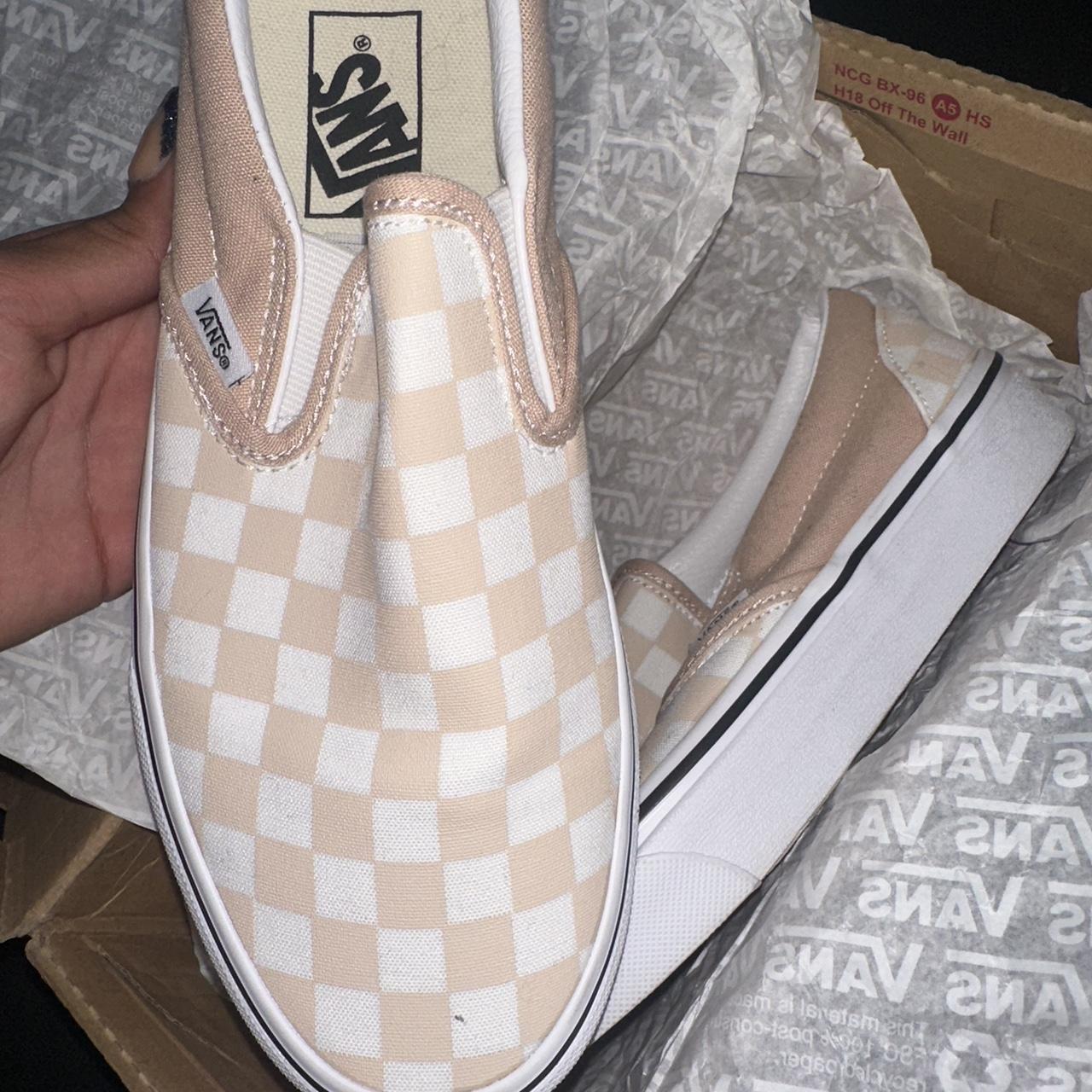 checkerboard tan and white vans never worn #vans... - Depop