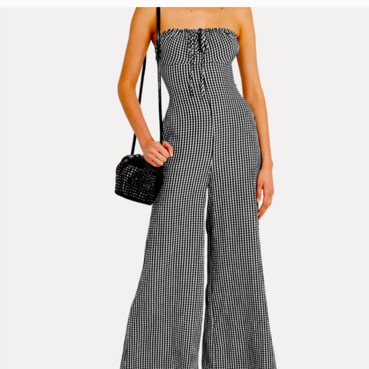 Solid Striped jumpsuit Small Gingham black and. Depop